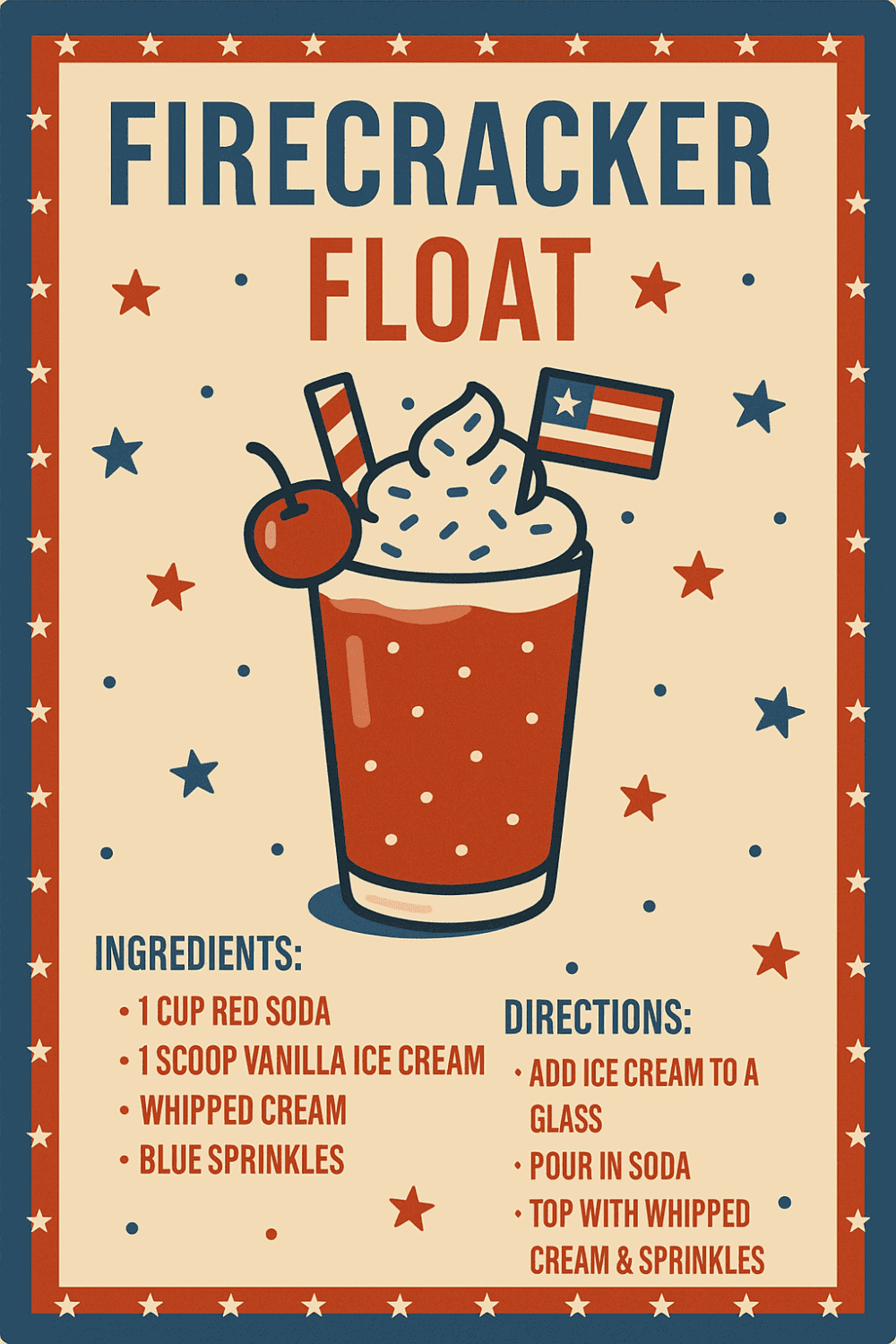 Festive firecracker float with soda, ice cream, whipped cream, and patriotic decorations.