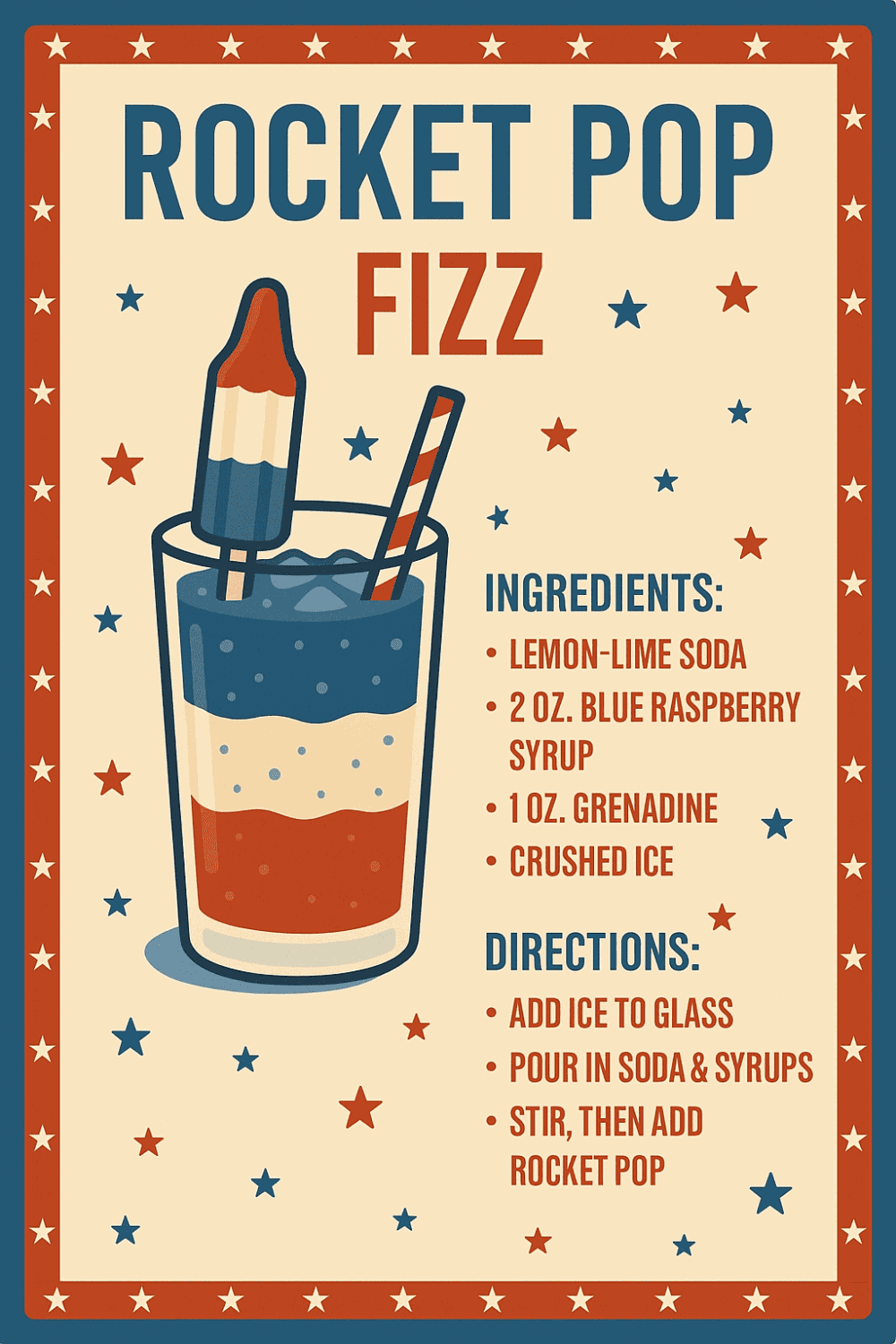 Colorful rocket pop-inspired mocktail with raspberry syrup and lemon-lime soda.
