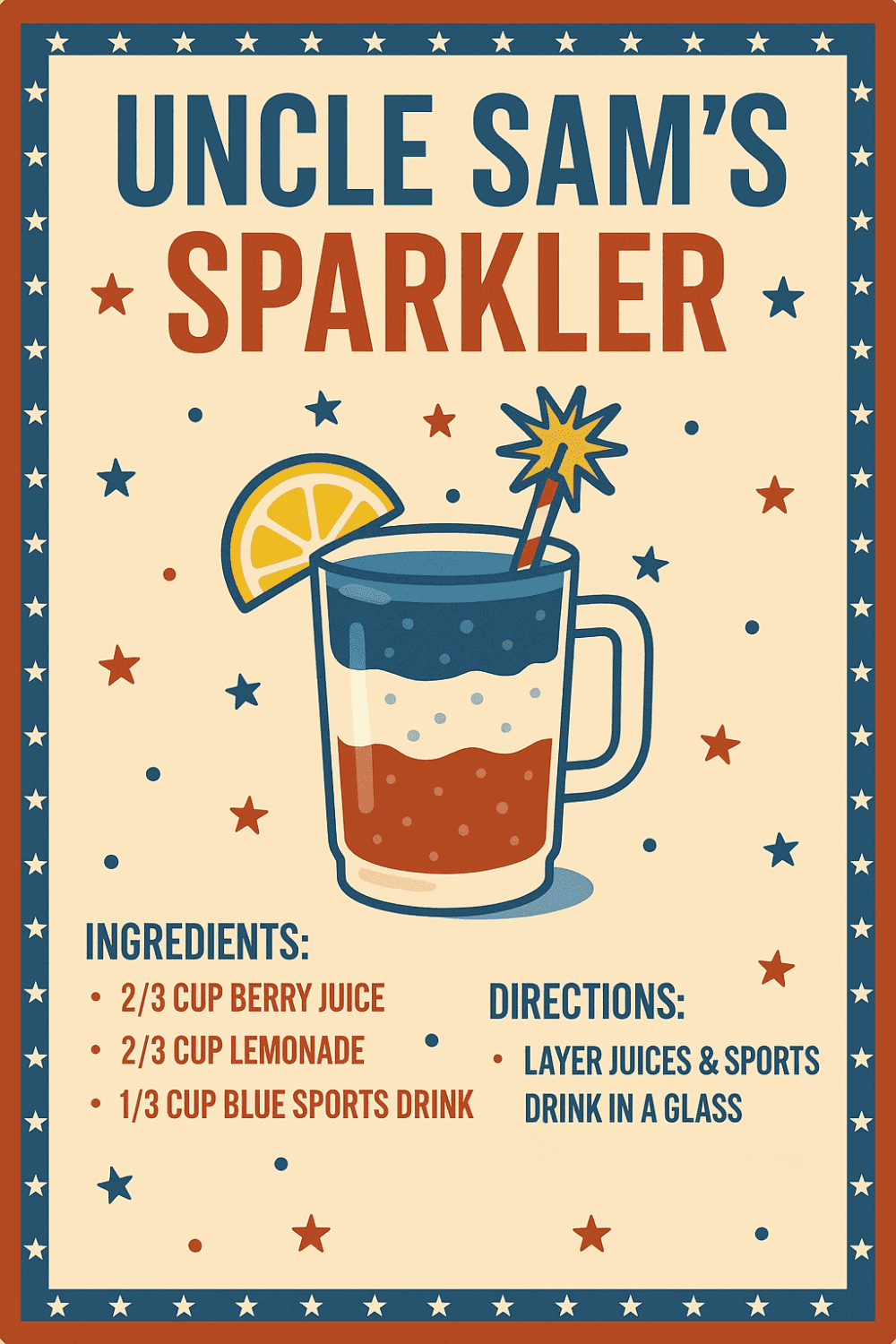 Patriotic non-alcoholic drink with lemon, berry juice, and blue sports drink in a glass.