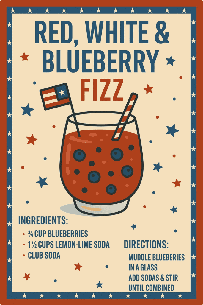 Festive blueberry soda cocktail with patriotic colors for Independence Day celebrations.