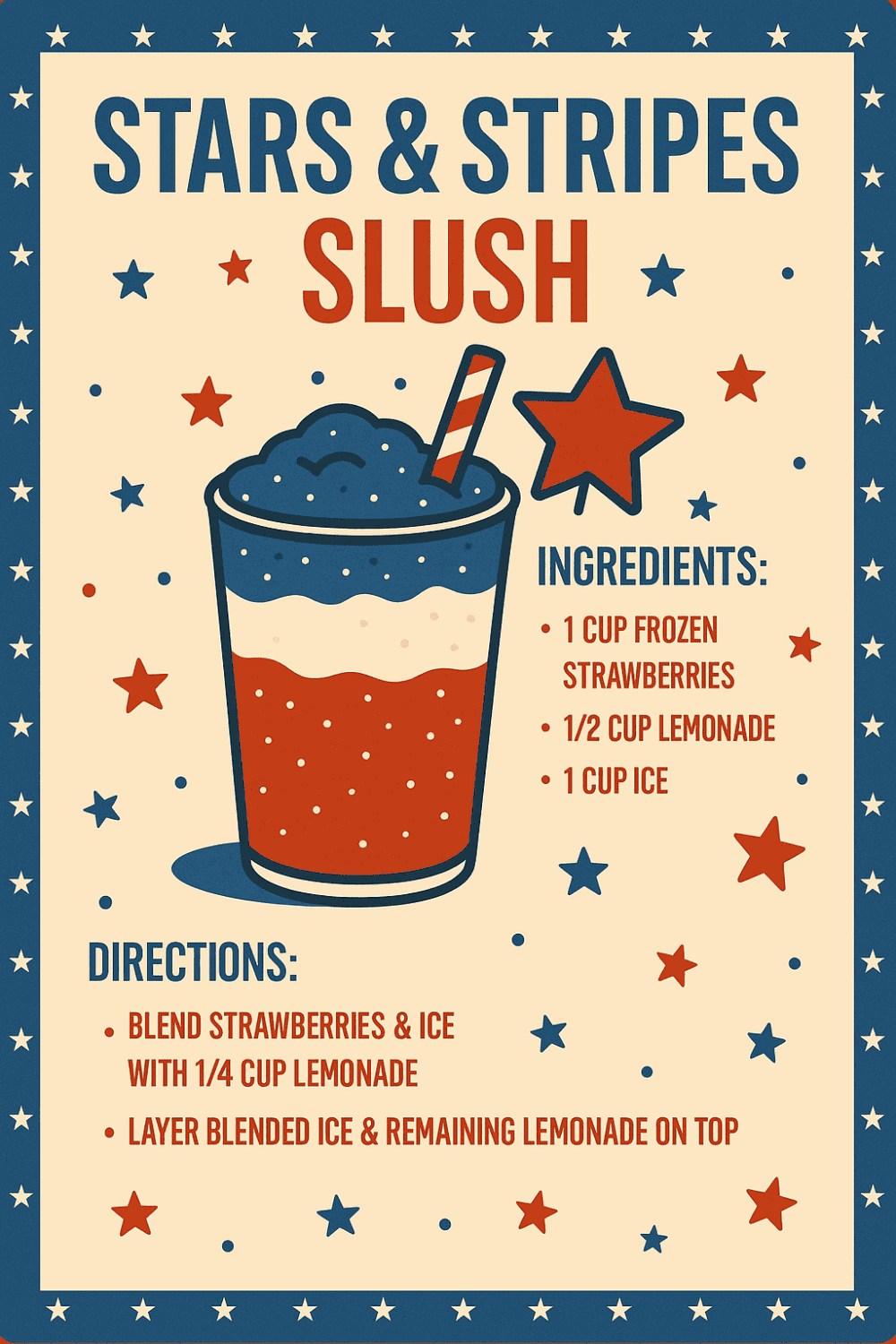 Bright, patriotic slush beverage with strawberries, lemonade, and ice in a festive glass. Perfect fo.