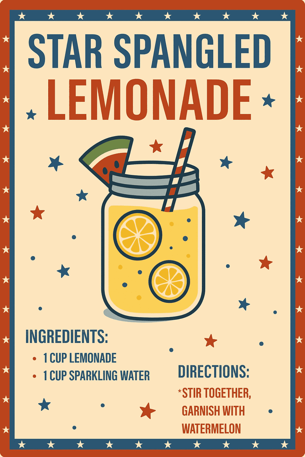 Alcohol-free star spangled lemonade with watermelon garnish, perfect for Independence Day celebratio.