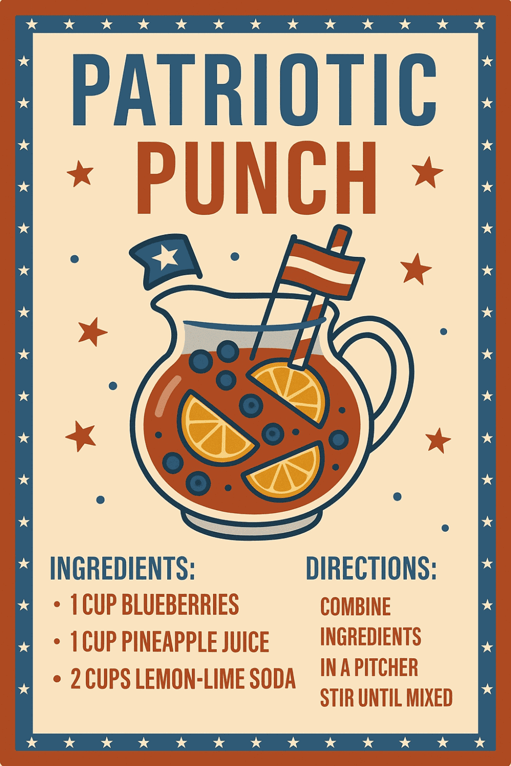 Patriotic punch with blueberries, pineapple juice, and lemon-lime soda in a festive pitcher.