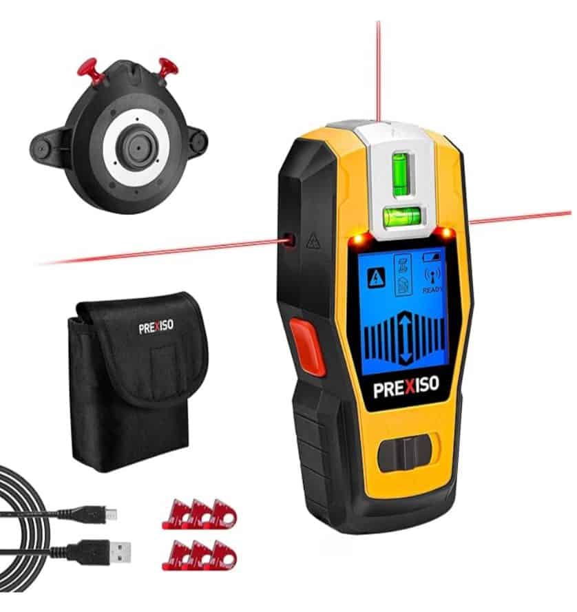 Digital stud finder device with sensors and mounting accessories for wall detection.