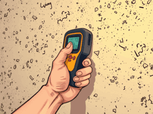 Hand holding a digital stud finder on wall for accurate wall stud detection.