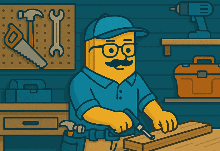 Illustration of a man using a stud finder for woodworking projects.