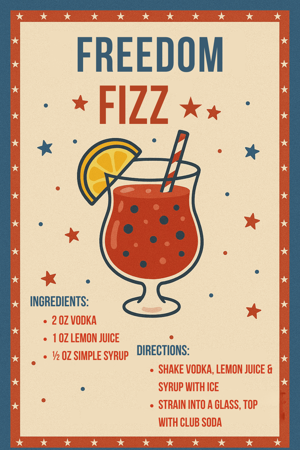 Festive 4th of July cocktail featuring vodka, lemon juice, and simple syrup with a lemon garnish. Pe.
