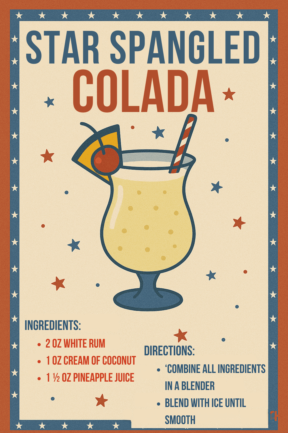 Festive Star Spangled Colada with pineapple, coconut, and rum for Independence Day.