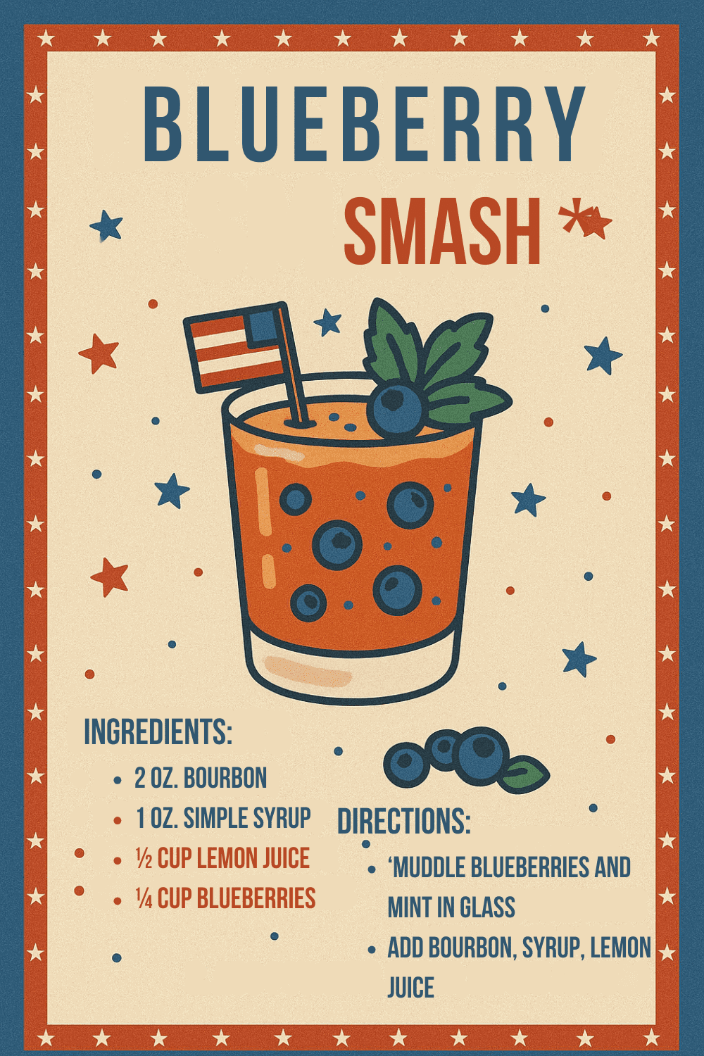 Refreshing blueberry smash cocktail with mint and patriotic flag garnish.