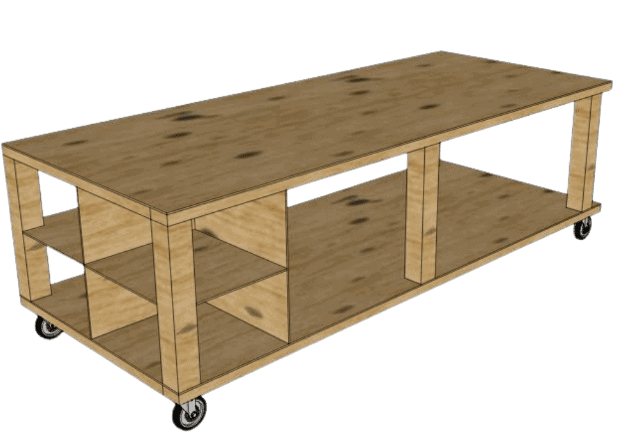 Wooden workshop cart with shelves, ideal for woodworking projects and tool storage.