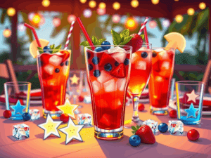 Vibrant alcohol-free patriotic drinks with berries, mint, and colorful garnishes for Independence Da.
