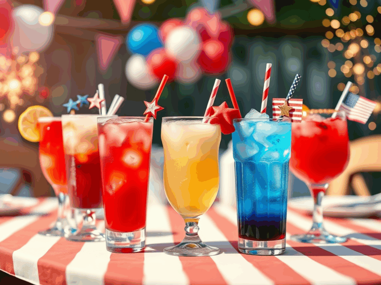 Colorful 4th of July cocktails with patriotic decorations and festive presentation.