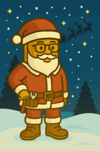Santa Claus cartoon in a winter landscape with snow and pine trees.