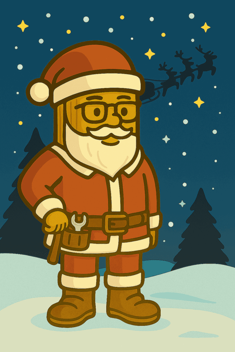 Santa Claus cartoon in a winter landscape with snow and pine trees.