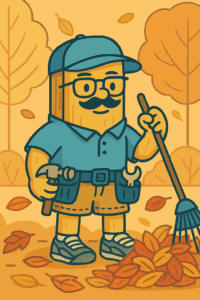 Cartoon character raking autumn leaves in a park setting.