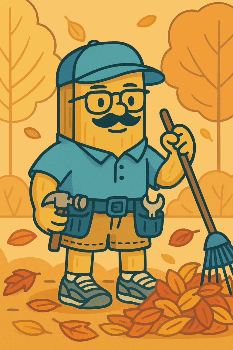 Cartoon character raking autumn leaves in a park setting.
