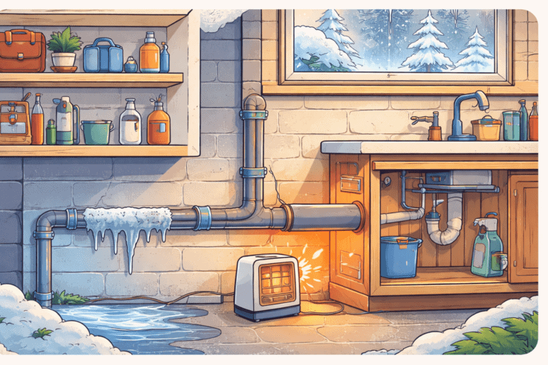 Frozen pipe with water leaking and ice formation in a winter workshop scene.