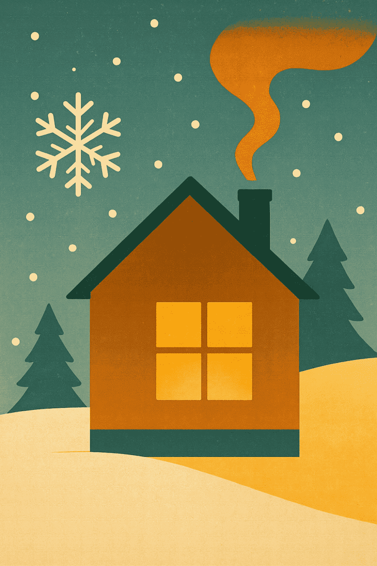 Cozy house with smoke rising, snowflakes, and pine trees in winter scene.