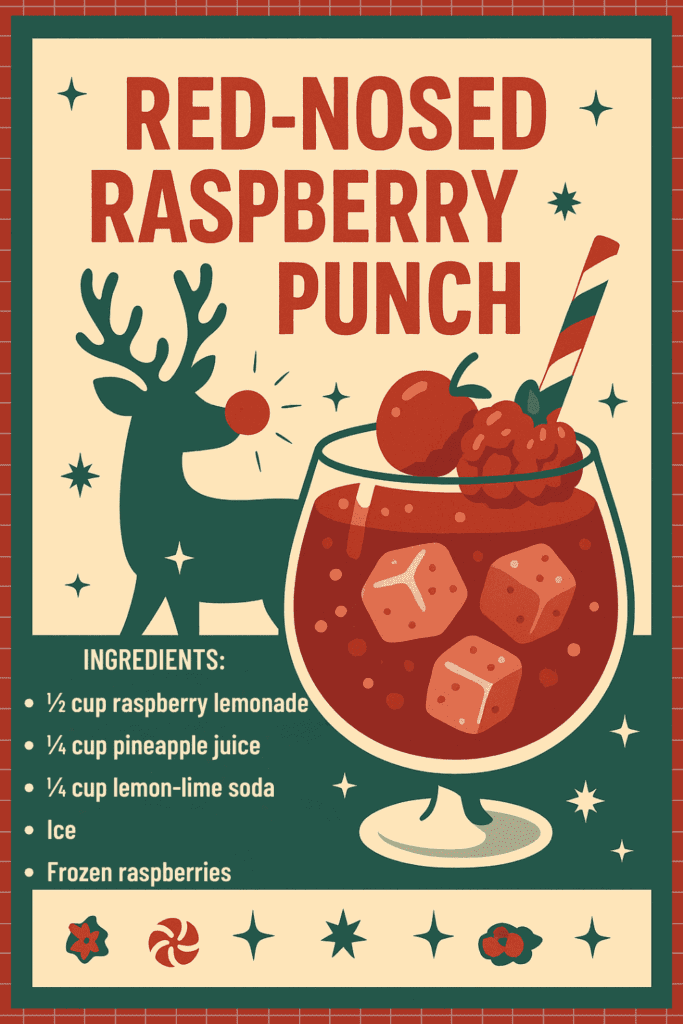 Festive raspberry punch with ice and garnishes for Christmas mocktails.