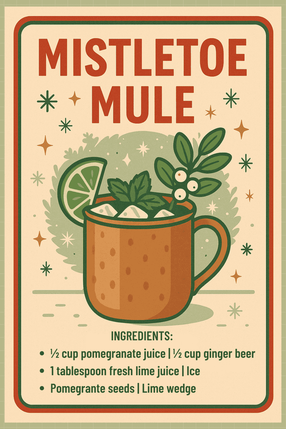Festive Mistletoe Mule mocktail with pomegranate, lime, and ginger beer. Perfect for holiday celebra.