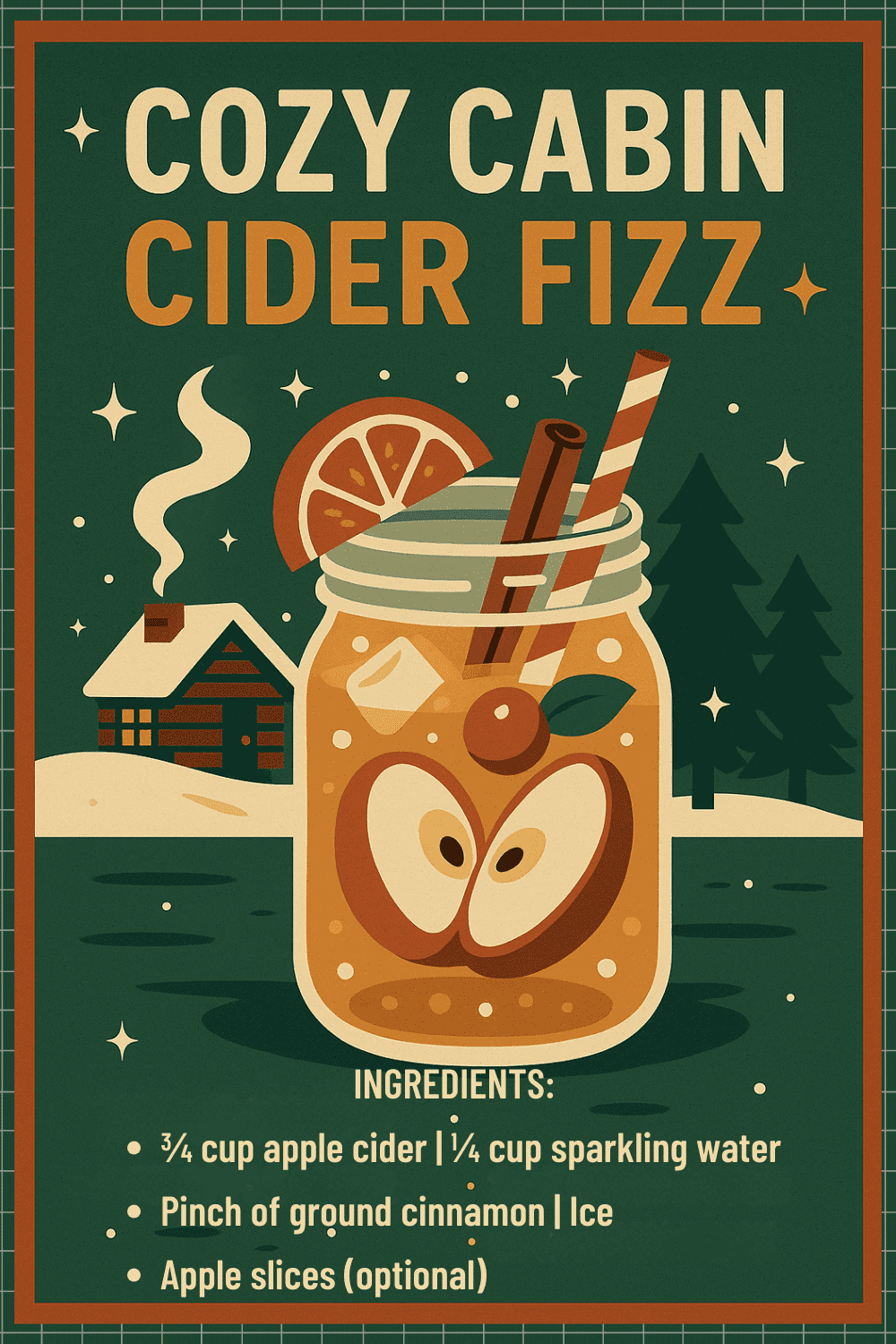 Cozy cabin-themed cider fizz drink with apple slices, cinnamon, and sparkling water.