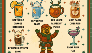 Colorful illustration of holiday mocktails including peppermint frost and sugar plum fizz.