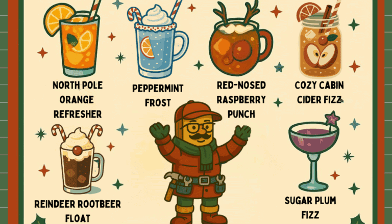 Colorful illustration of holiday mocktails including peppermint frost and sugar plum fizz.