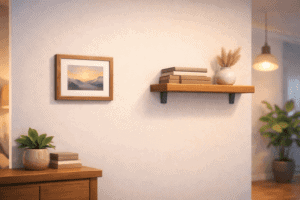 Interior wall with framed art, books, and potted plants in a cozy living space.