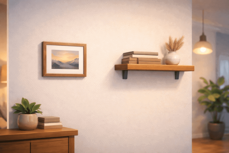 Interior wall with framed art, books, and potted plants in a cozy living space.
