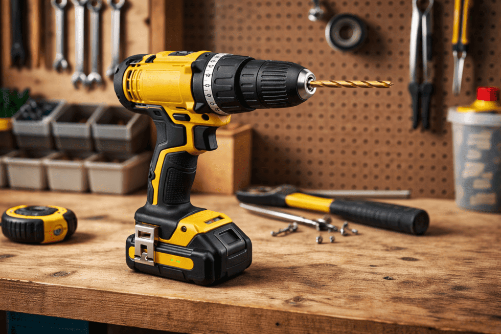 Cordless power drill with drill bit on a workbench in a workshop.
