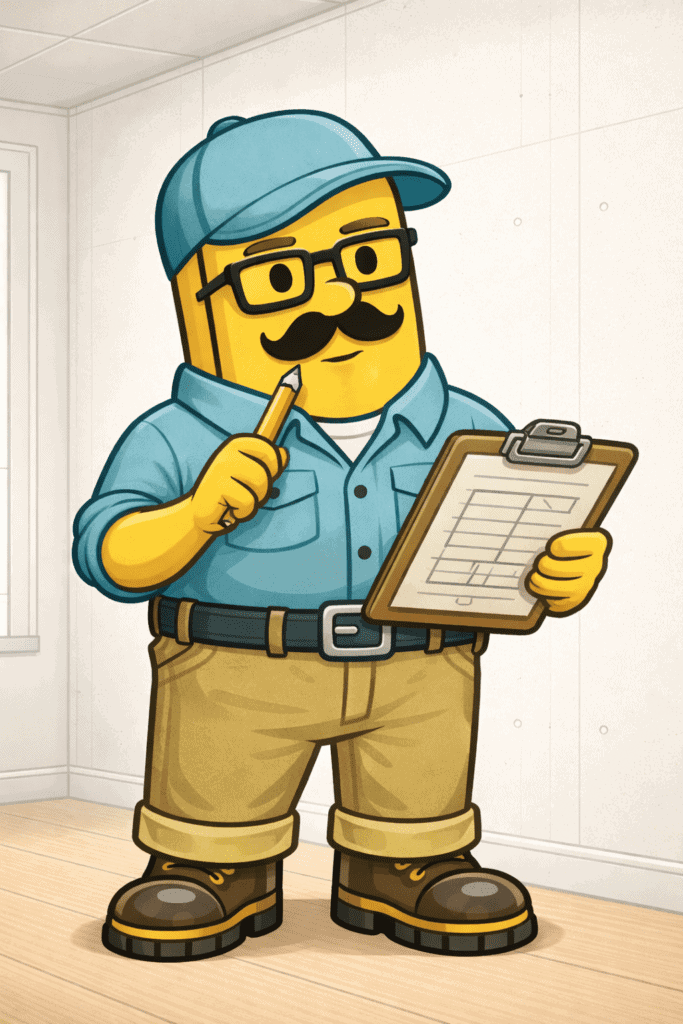Friendly cartoon character holding a clipboard and pencil, representing professional home inspection.