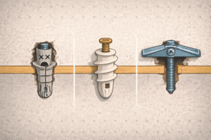 Different drywall anchors including toggle, plastic, and metal types for secure mounting.