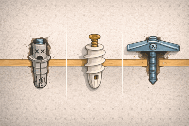 Different drywall anchors including toggle, plastic, and metal types for secure mounting.