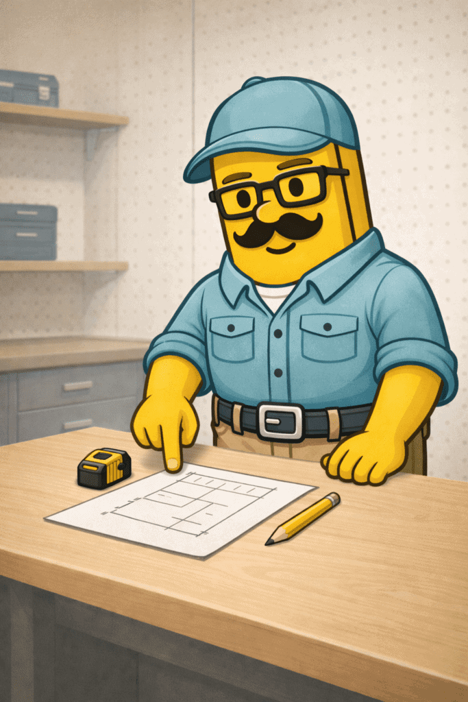 Cartoon character with mustache and glasses in a blue uniform at work.