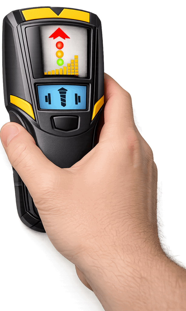 Stud finder device showing signal detection with LED indicators.