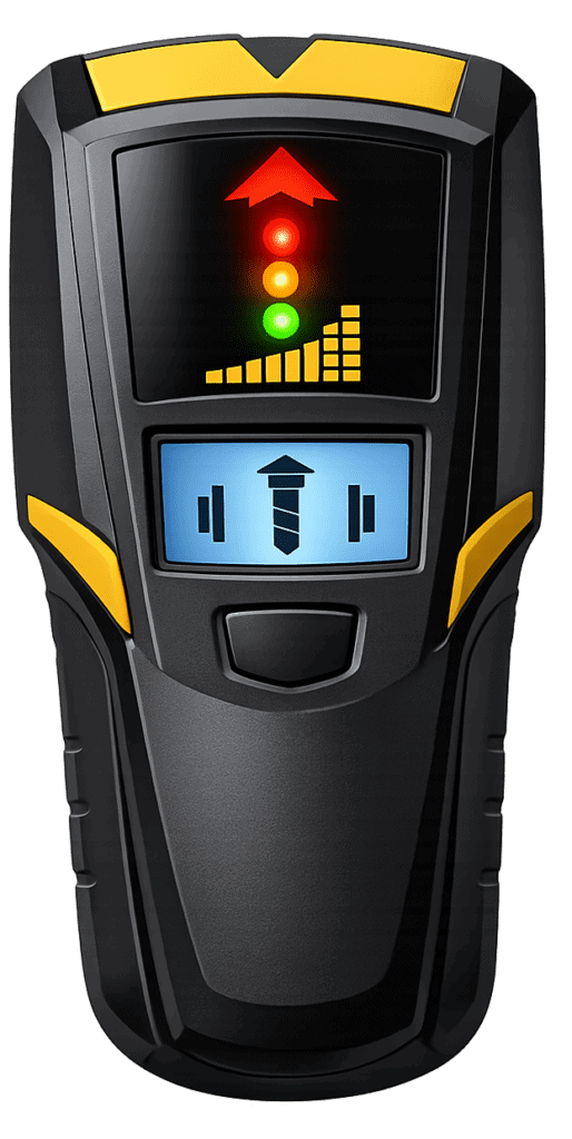 Digital stud finder with LED indicator and level for home improvement.