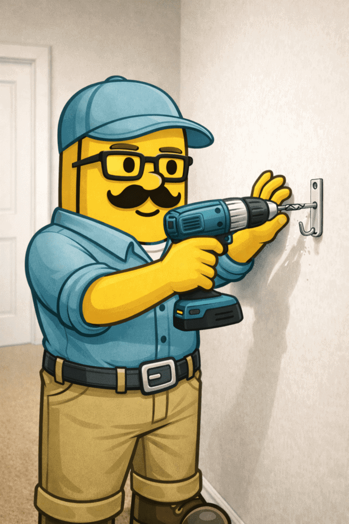 Cartoon character using a drill to install a wall hook, representing home improvement.