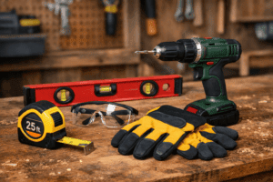 Cordless drill, level, tape measure, safety glasses, and gloves on a workbench.