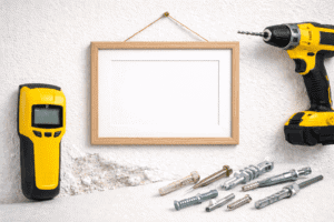 Tools for hanging on drywall with a drill, level, and anchors.