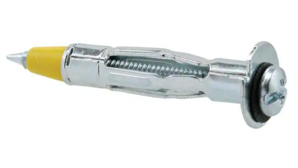 Metal drywall anchor tool with yellow tip for secure wall mounting.