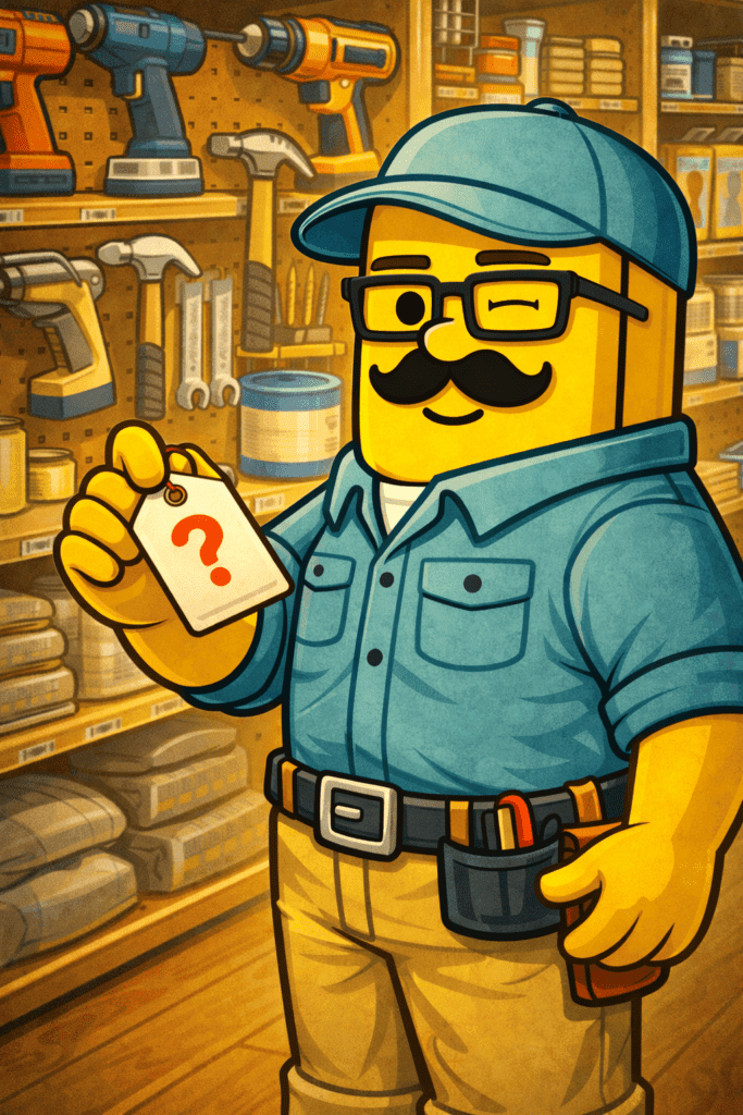 Cartoon handyman holding a tool with a question mark in a game room setting.