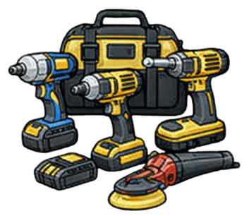 Power tools including drills, screwdrivers, and a stud finder for construction projects.