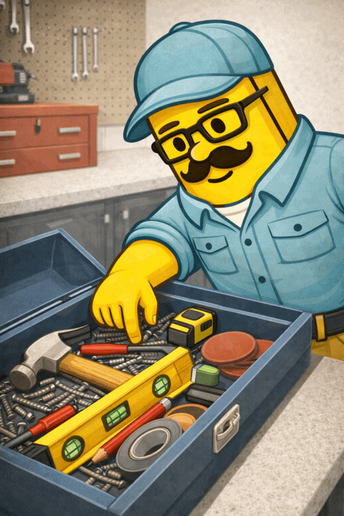 A cartoon character wearing a blue cap and glasses, organizing tools in a toolbox.