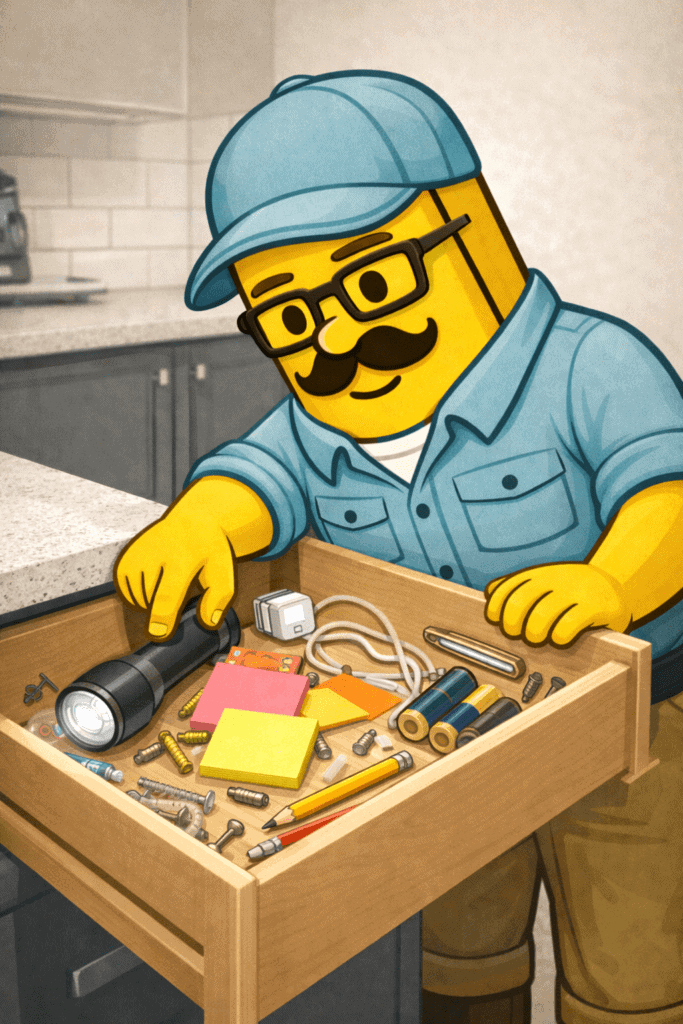Cartoon character with a mustache and glasses using a flashlight and tools at a workbench.