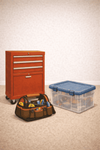 Tool box with tools and storage container for DIY home repairs and projects.