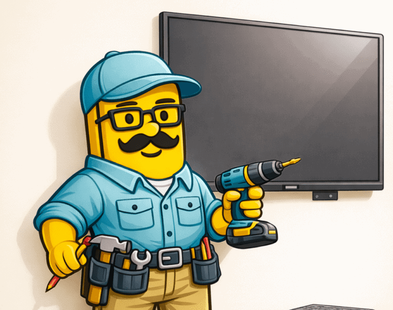 Cartoon character of a handyman with a drill mounting a TV on the wall.