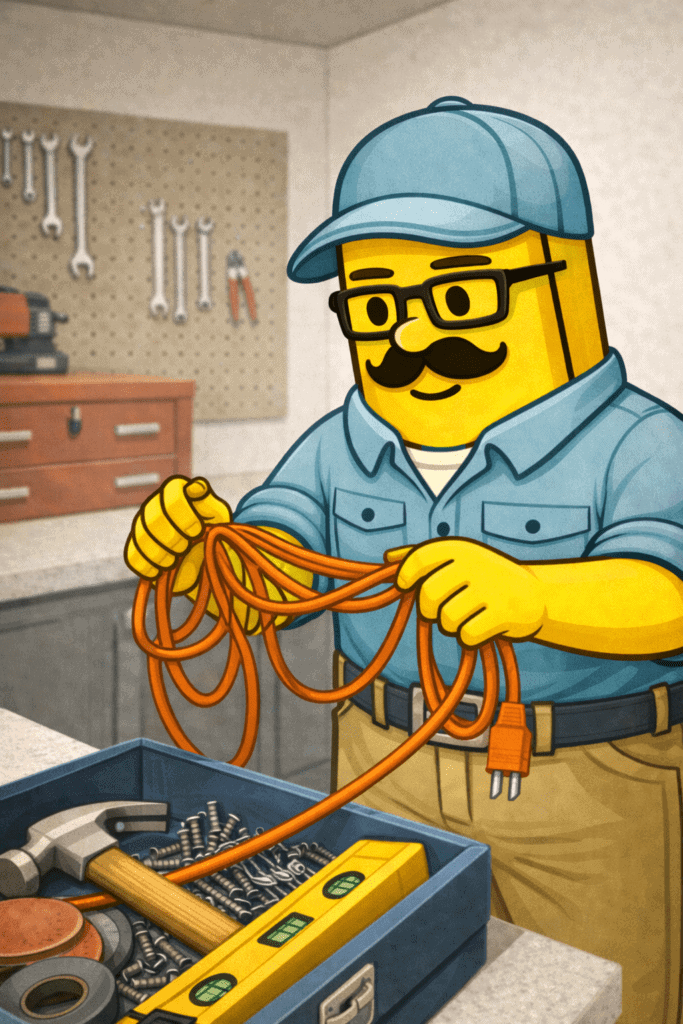 Cartoon character holding orange electrical cords in a workshop setting.