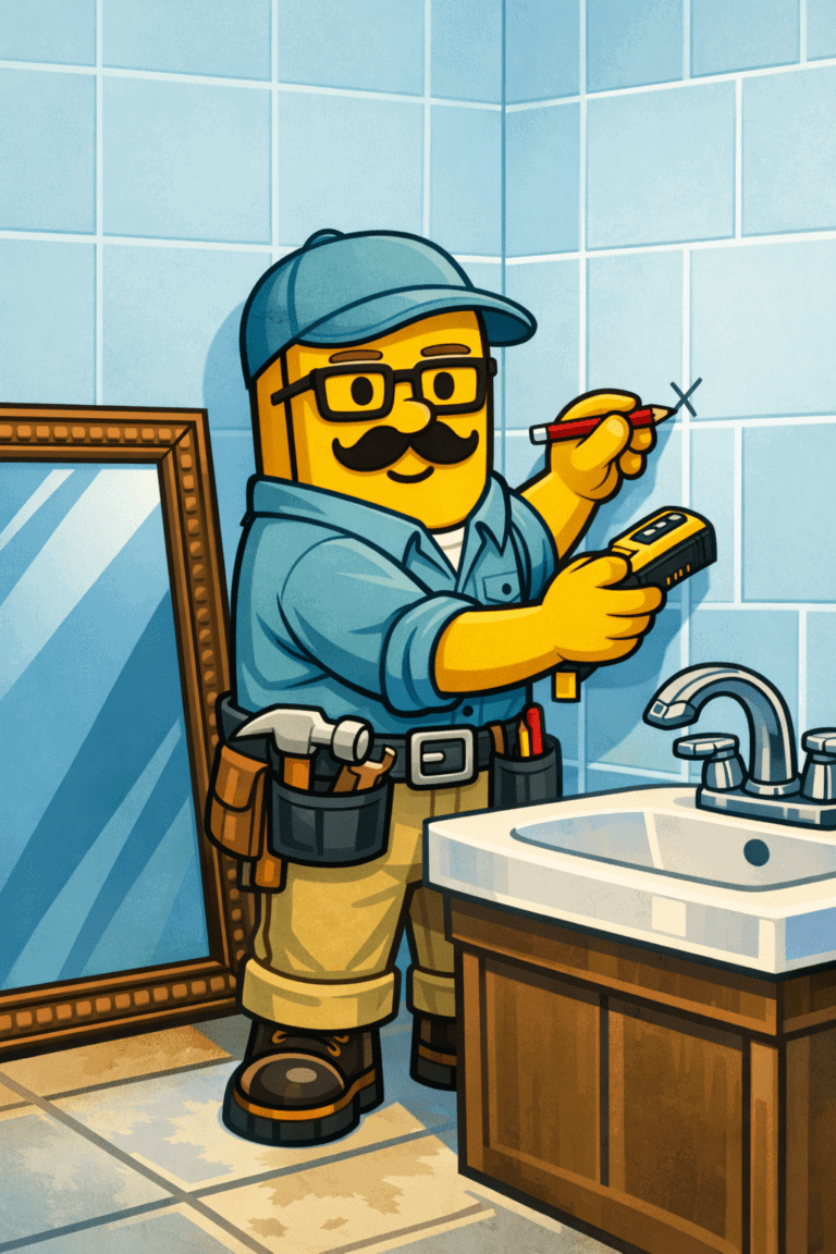 Cartoon handyman measuring wall for heavy mirror installation.