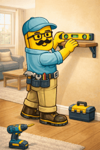 Cartoon character installing a floating shelf with level tool in living room.