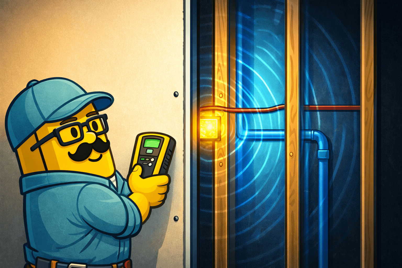 Cartoon character using a stud finder on wall in game room.